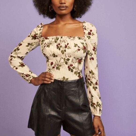 Reformation Bacio Floral Long Sleeve Square Neck Smocked Top Women's Size 6 - Picture 1 of 6